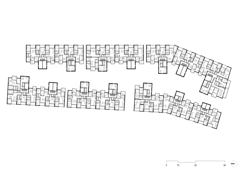 Floor plan drawing showing angular residential blocks arranged around a central courtyard space