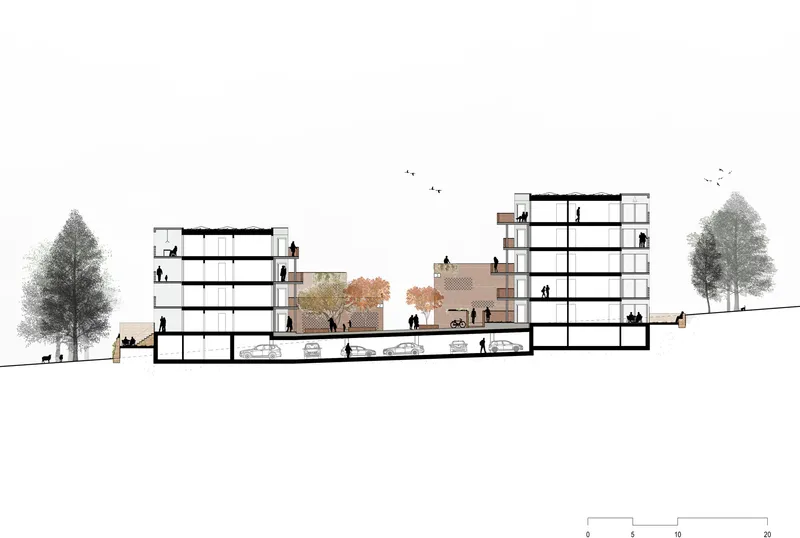 Section drawing showing two multistory residential blocks with figures, trees, and underground parking