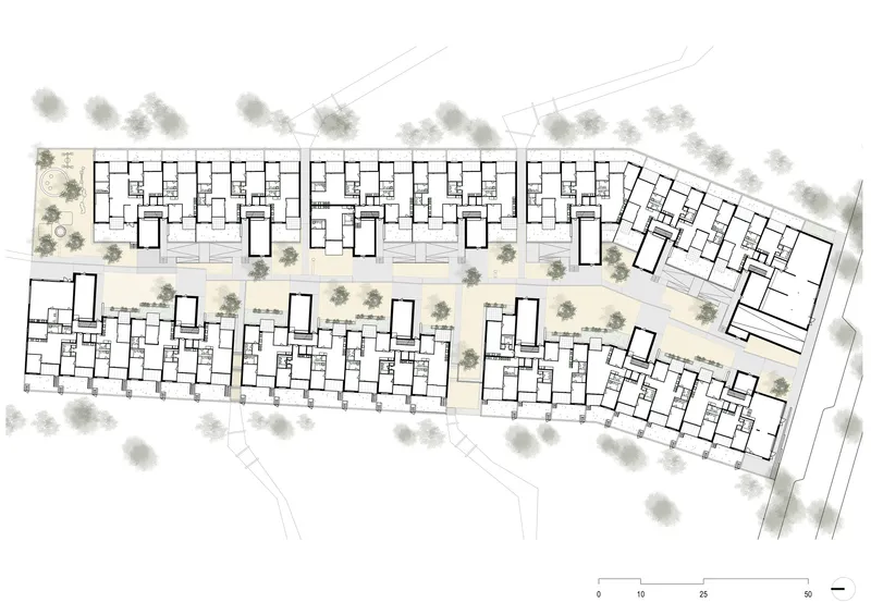 Site plan with watercolor tree canopies showing the residential blocks and central landscaped pedestrian route