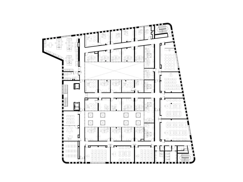 Floor plan drawing showing workstations arranged in central grid with enclosed offices at perimeter