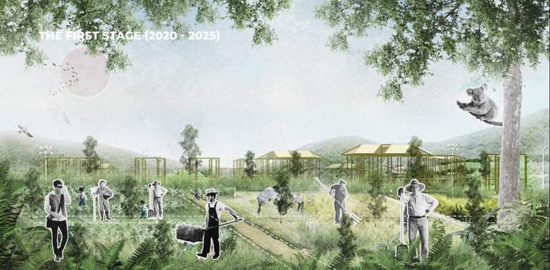 The first stage establishes habitats, community gardens, and conservation infrastructure to support long-term growth.