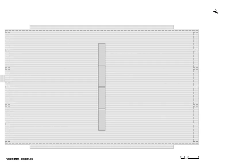 Roof plan showing the curved canopy edges and central service core running longitudinally