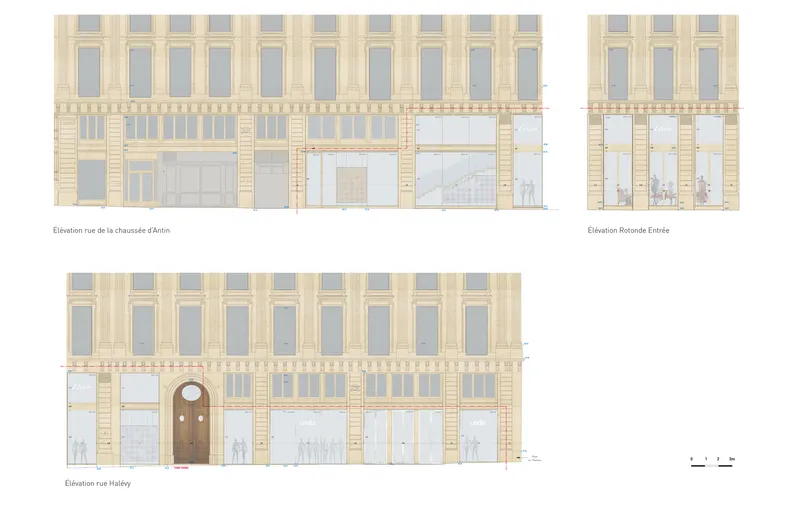 Elevation drawings displaying three street facades with punched windows and a central arched doorway