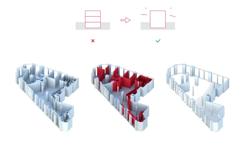 Axonometric diagram showing structural cores highlighted in red within a curved floor plate