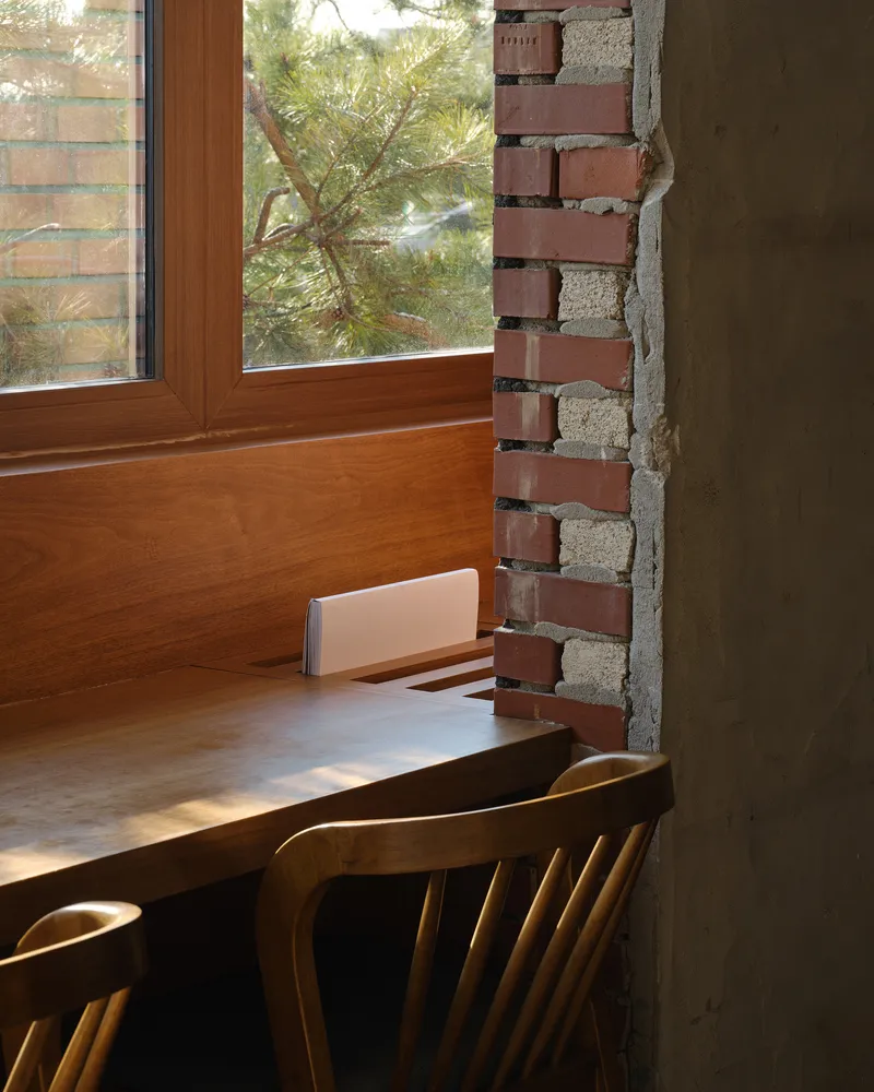 Detail of exposed brick column with mortar joints beside a timber window frame and pine branches outside