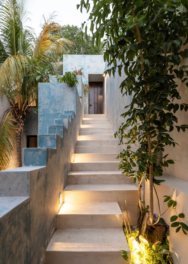 Outdoor staircase with integrated lighting ascending through tropical foliage at twilight