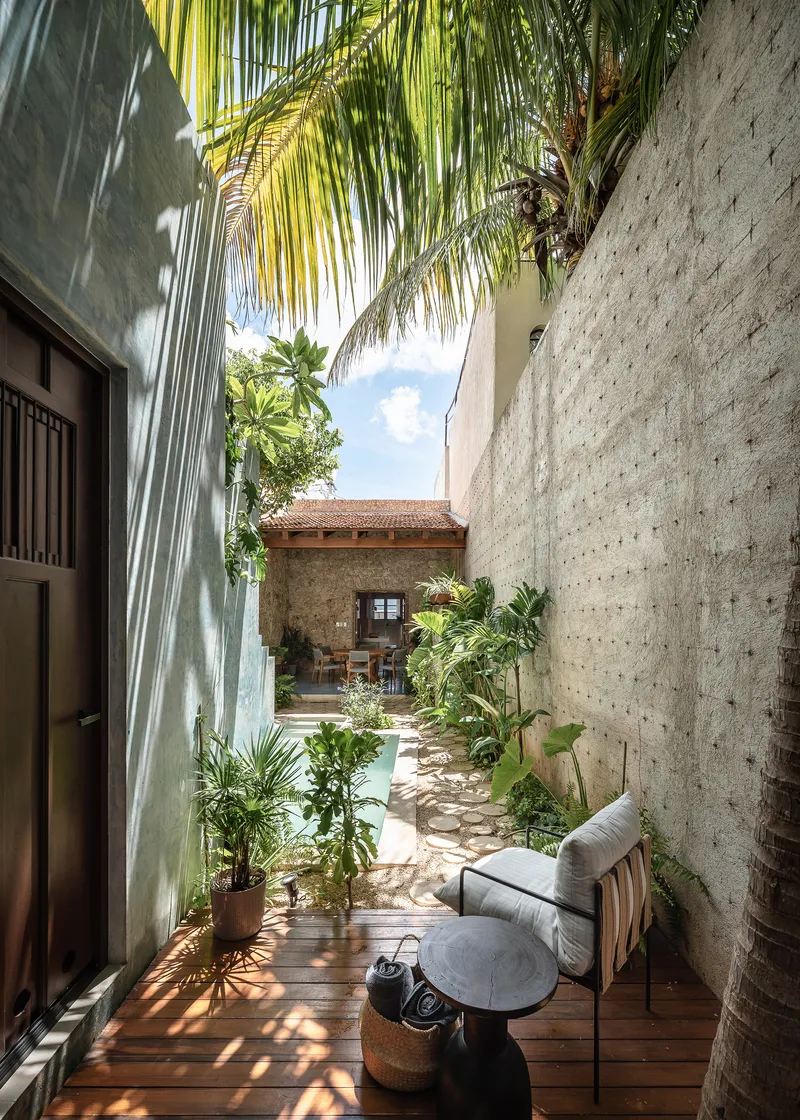 Narrow courtyard with board-formed concrete walls, timber deck seating area, and potted palms under dappled sunlight