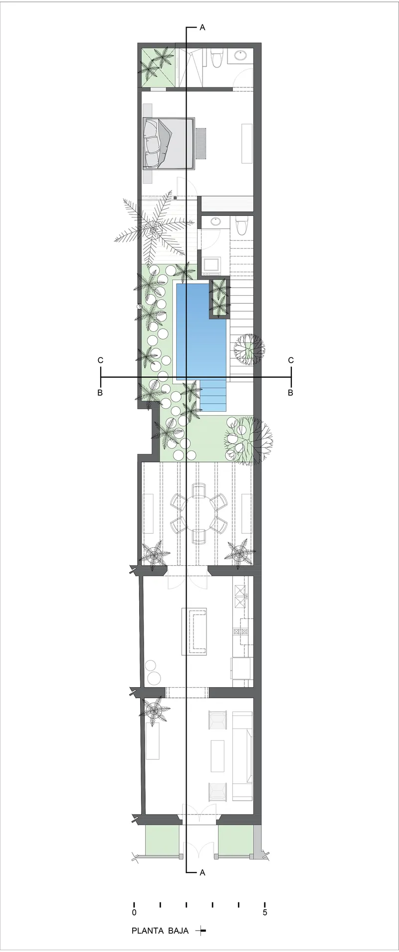 Ground floor plan drawing showing linear arrangement of rooms with central pool and flanking planted courtyards