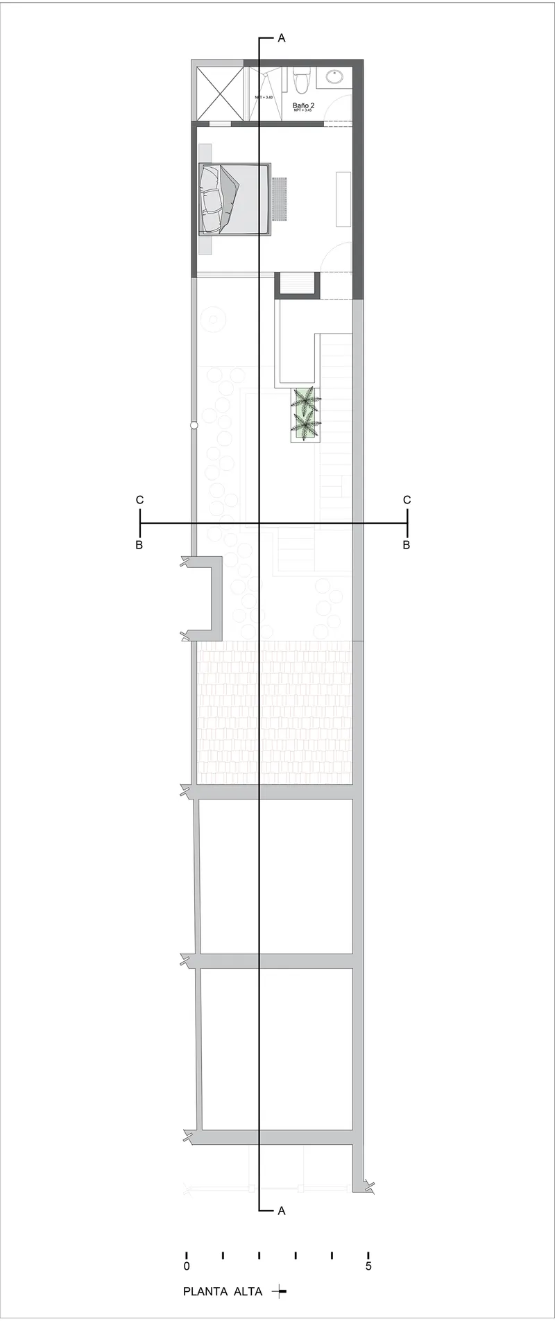 Upper floor plan drawing depicting narrow layout with staircase and multi-level interior spaces