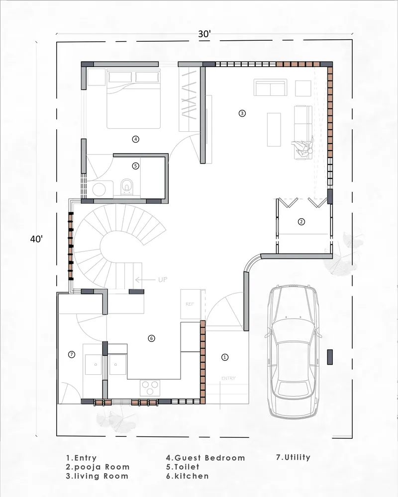 Ground floor plan drawing showing central spiral stair, living spaces, guest bedroom, kitchen, and single-car garage