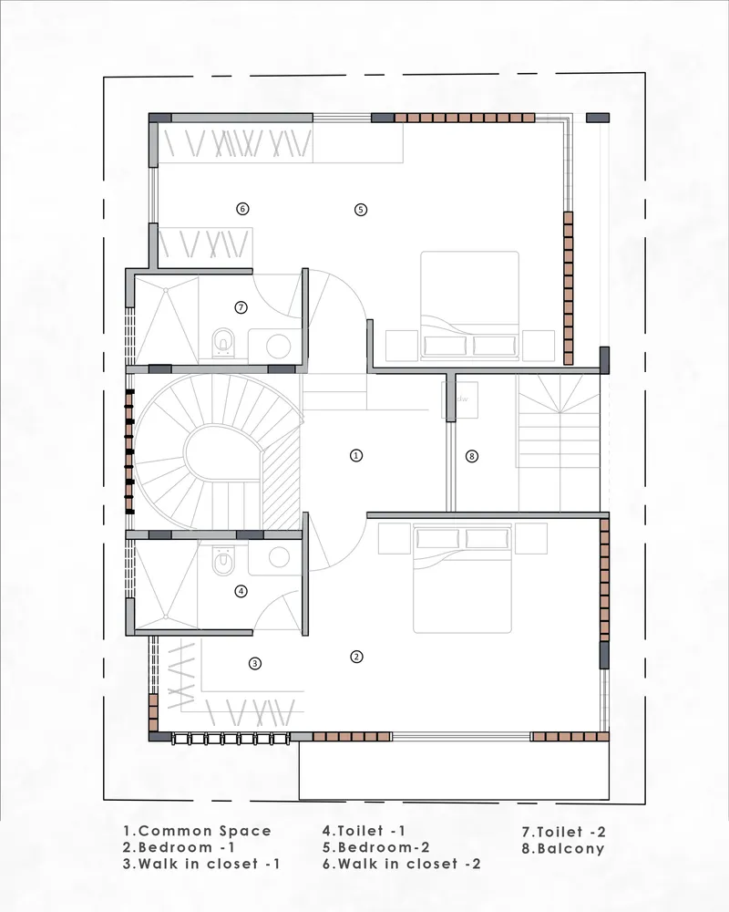 Floor plan drawing showing bedrooms, walk-in closets, bathrooms and a central curved staircase