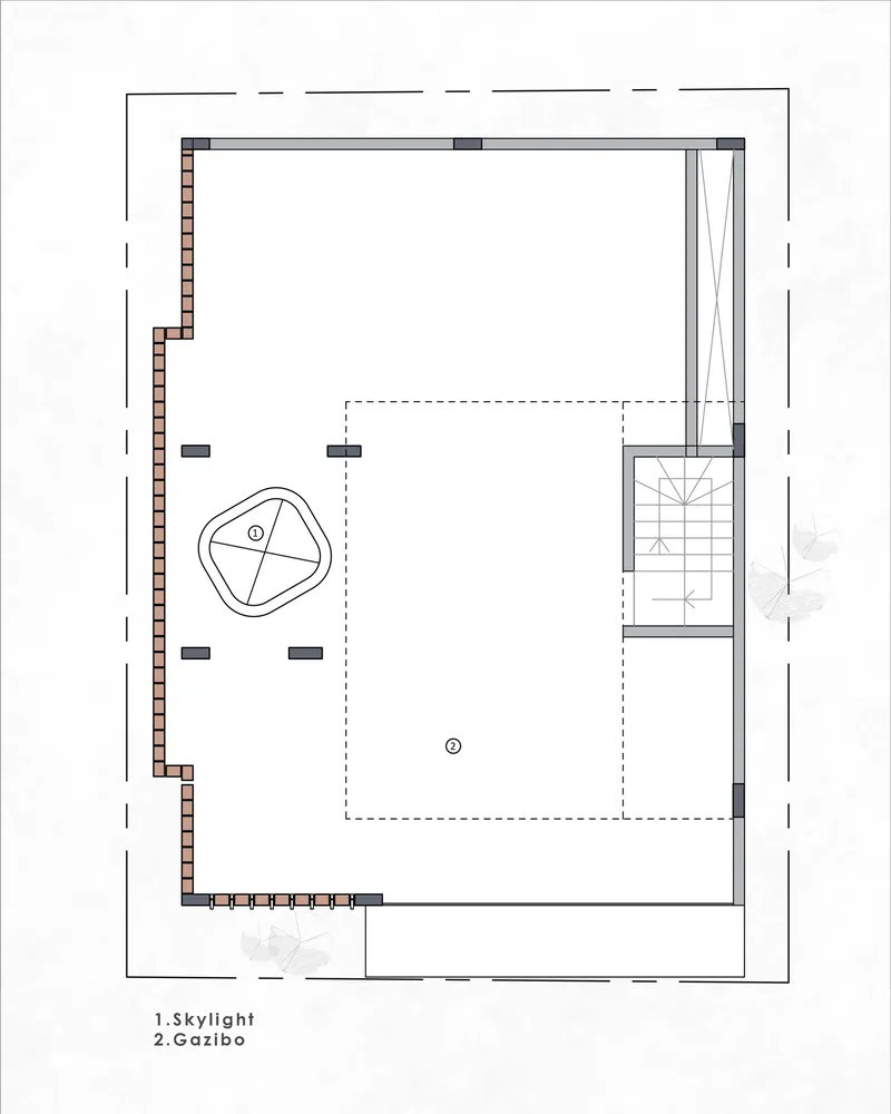 Floor plan drawing showing a rooftop gazebo, skylight and open terrace with staircase access