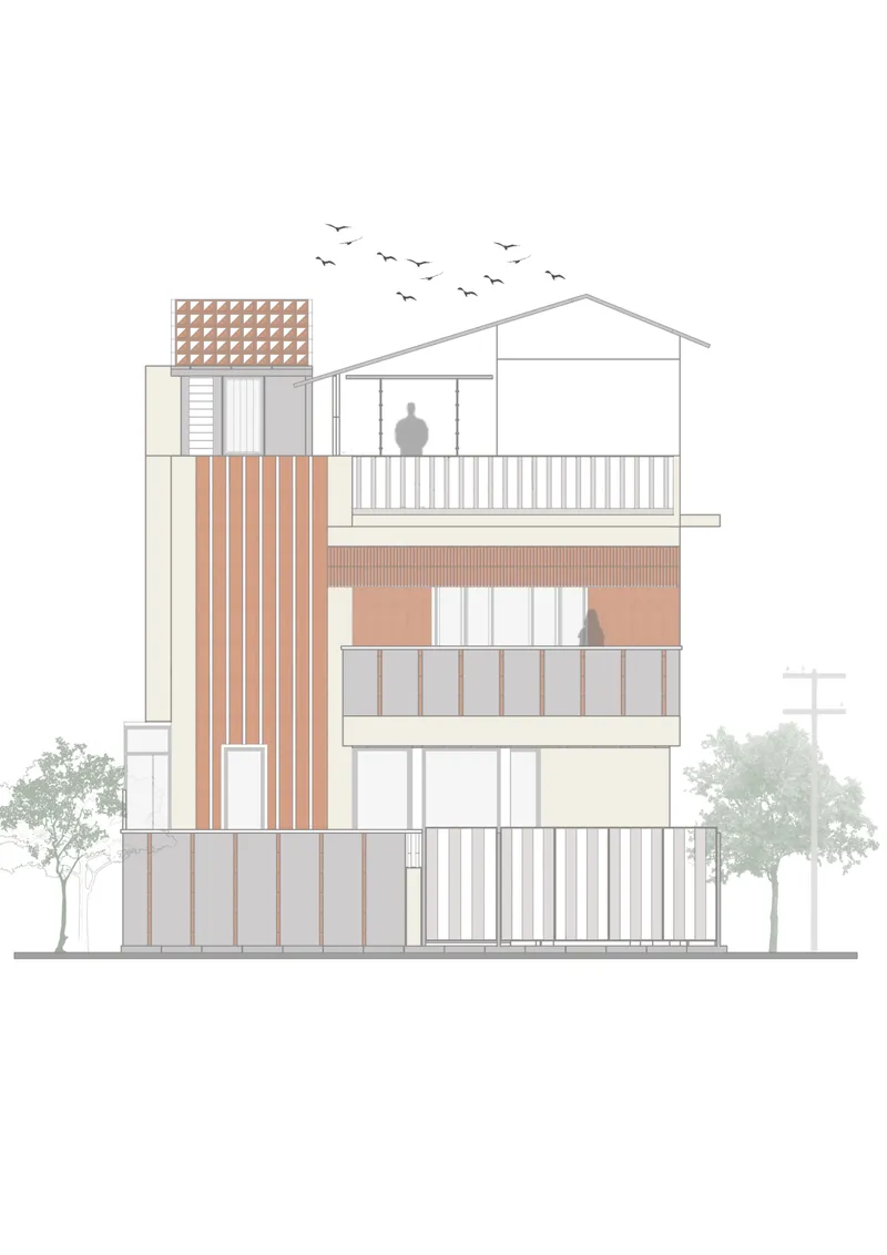 Elevation drawing showing the facade with vertical timber slats, balconies and a pyramidal screen element
