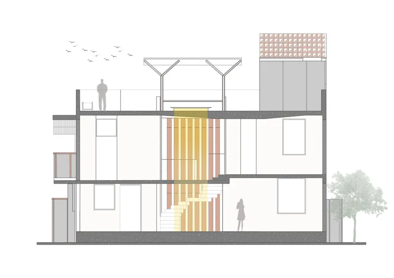 Section drawing showing three floors connected by a central staircase with vertical timber slats