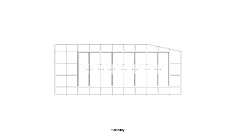 Section drawing showing a structural frame with vertical columns and angled roof line