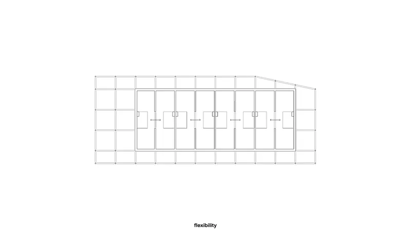 Section drawing showing structural frame with interior partition walls and angled roof