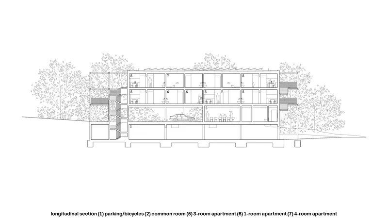 Longitudinal section drawing showing stacked residential units with parking below and trees at grade