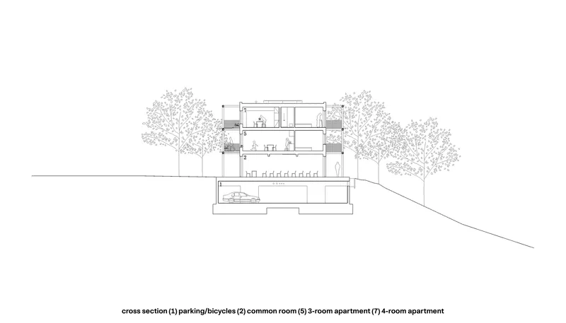 Cross section drawing showing multi-story residential volume on a sloped site with flanking trees