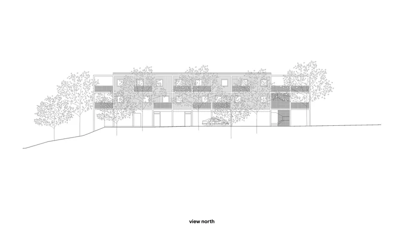 North elevation drawing showing a horizontal facade with planted balconies and trees at grade