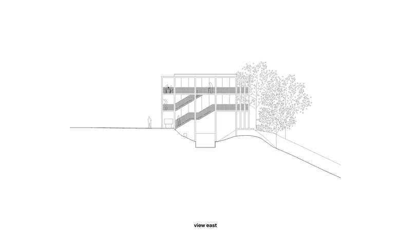 East elevation drawing showing a rectangular building with diagonal banding and a flanking tree on sloped terrain