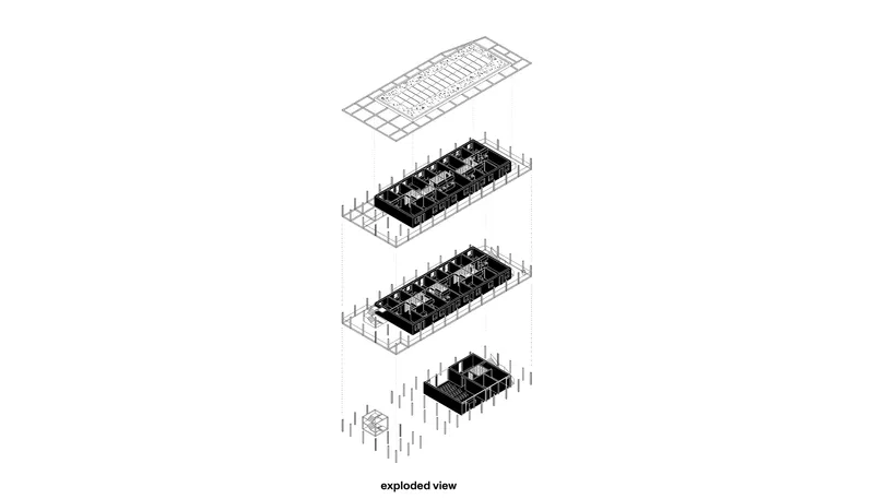 Exploded axonometric drawing showing roof, two upper floor plates, ground level and structural columns
