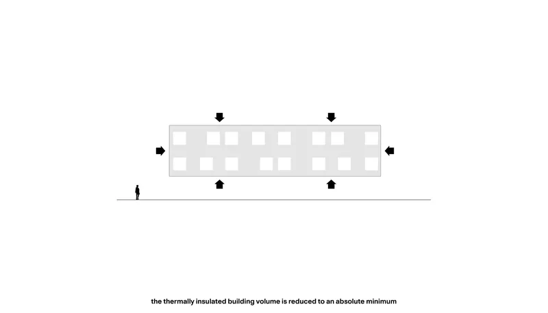 Elevation diagram showing a rectangular two-story volume with a human figure for scale