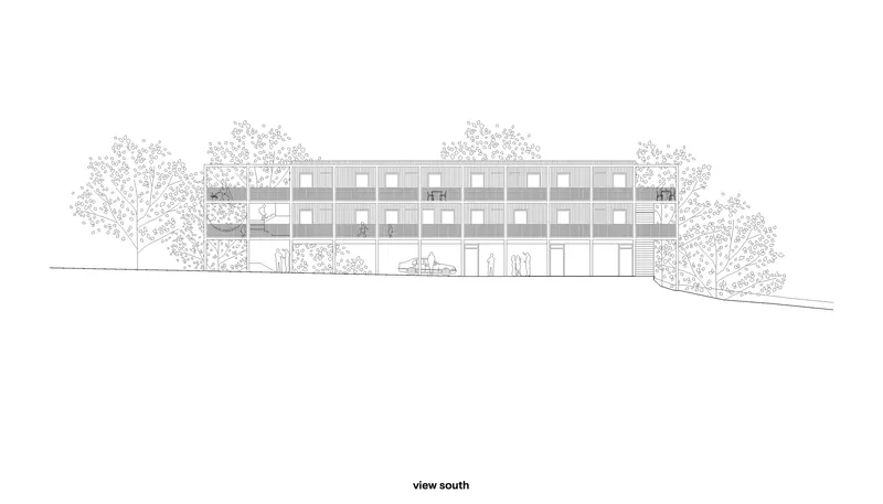 South elevation drawing showing a multi-story building with gridded facade framed by trees on both sides