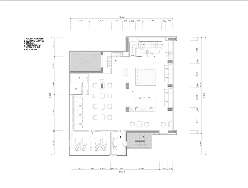 Floor plan drawing showing reception desk, waiting lounge, head spa area, and multiple treatment stations