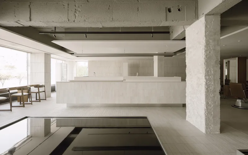 Salon interior with exposed concrete ceiling beams and recessed floor basins beneath pale tiled counters
