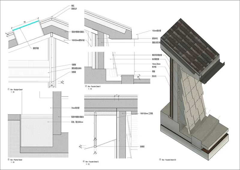 Construction detail drawings showing roof assembly, facade panels, skylight and three-dimensional axonometric view