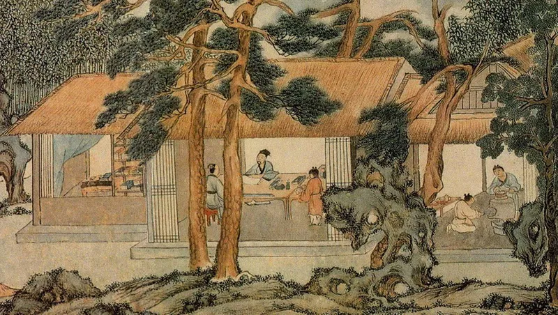 Historical illustration depicting pavilions with thatched roofs under a gnarled pine with figures gathering outdoors