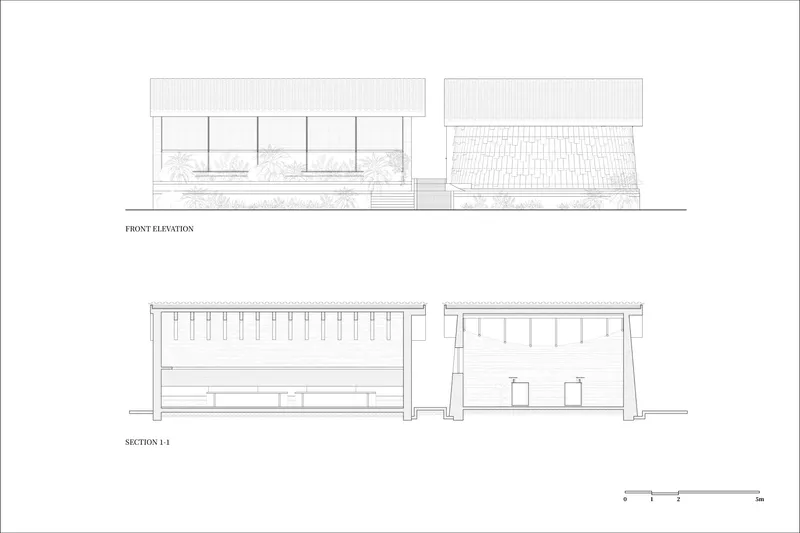 Elevation and section drawings showing paired volumes with tiled and flat roofs at different levels