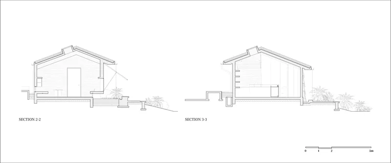 Section drawings showing two gabled structures with sloped sites and planted surroundings