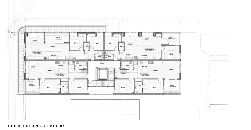 Level 01 floor plan drawing showing residential units arranged around a central stair and lift core