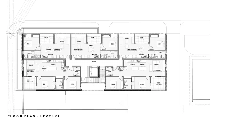 Level 02 floor plan drawing showing multiple apartments with bedrooms, living areas and bathrooms symmetrically arranged