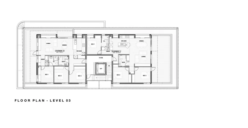 Level 03 floor plan drawing showing reduced footprint with fewer residential units and terrace spaces
