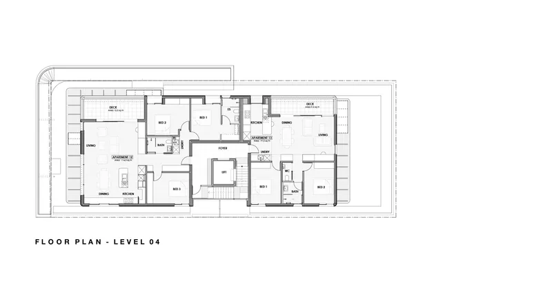 Level 04 floor plan drawing showing top floor apartments with deck areas and setback massing