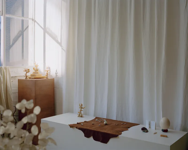 Display pedestal with organic wood form beneath flowing white curtains and painted brick wall