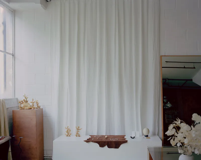 White-painted exhibition room with floor-to-ceiling curtain divider and copper planter beside the window