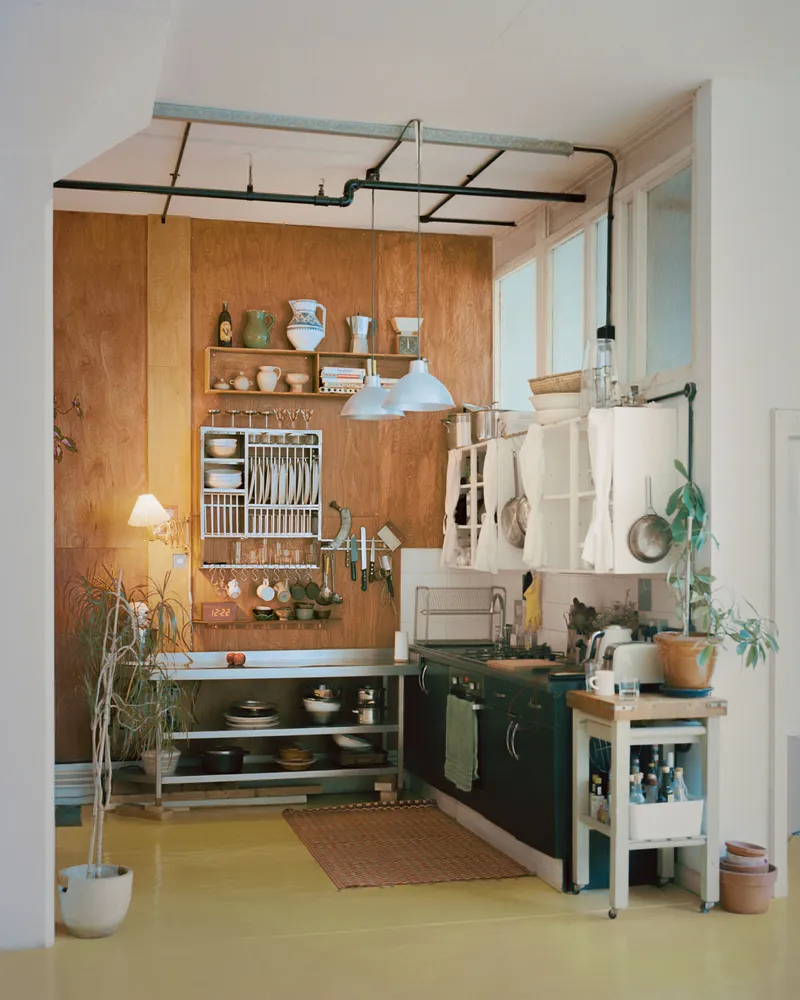 Compact kitchen with plywood cabinetry and exposed overhead pipe rack holding dish storage