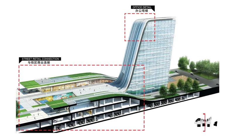 Section drawing revealing multiple underground levels beneath the sweeping tower and horizontal base pavilion
