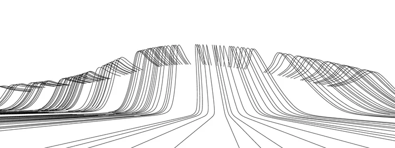 Wireframe diagram showing the flowing structural lines that generate the undulating building geometry