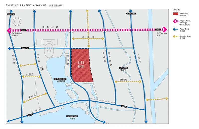 Traffic analysis diagram showing directional flows and site boundary in red with surrounding streets and waterways