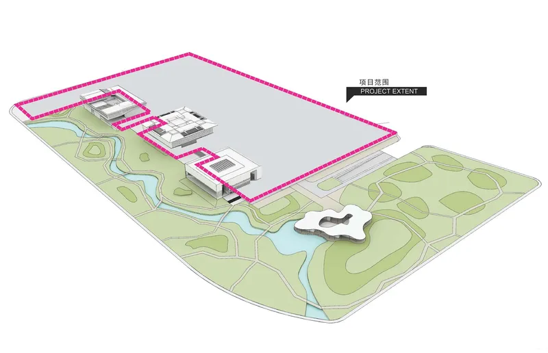 Axonometric site plan showing building clusters along the plaza edge and landscaped parkland with water features