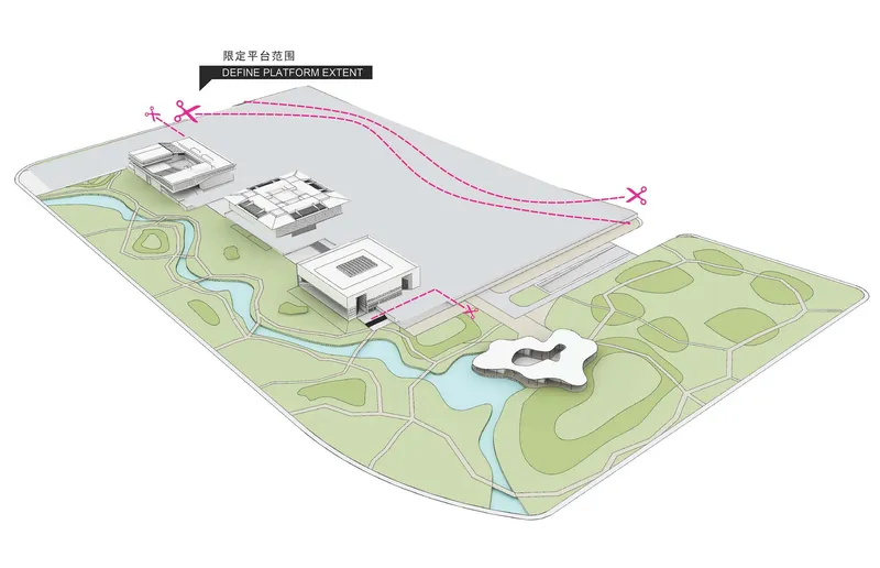Axonometric diagram defining the elevated platform extent with dashed pink lines connecting the building clusters