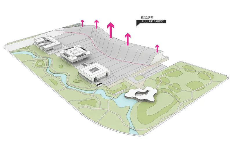 Axonometric diagram illustrating the tensile fabric roof structure with upward pink arrows indicating membrane support points