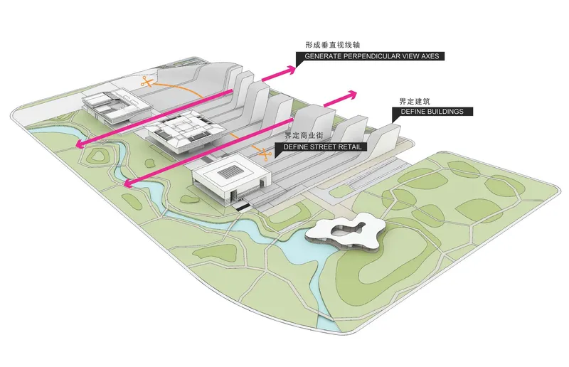 Axonometric diagram showing building clusters with circulation paths and landscape elements including a winding river