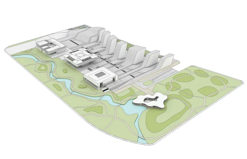 Axonometric site plan with terraced building volumes flanking a central axis and parkland beyond