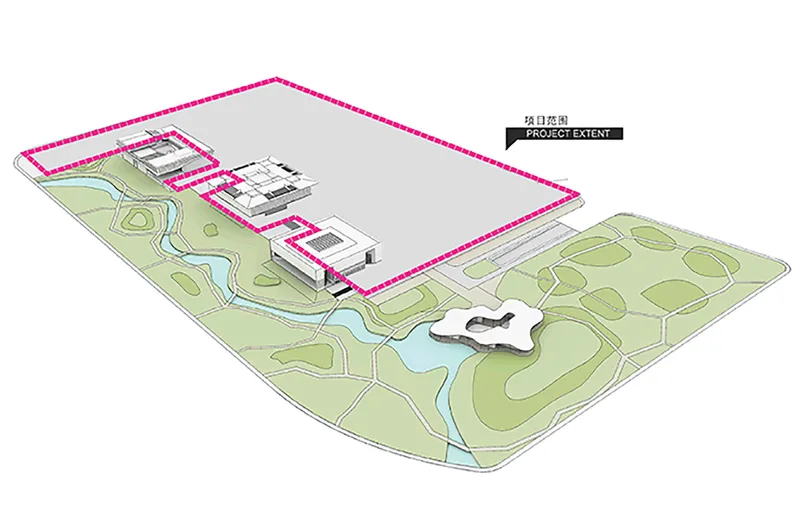 Axonometric diagram highlighting the project boundary encompassing built zones and adjacent green space