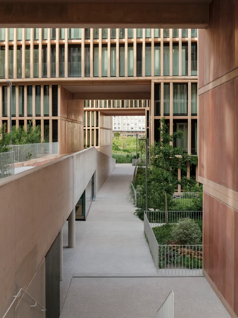 Courtyard walkway lined with planted beds and timber-screened facades bridging overhead